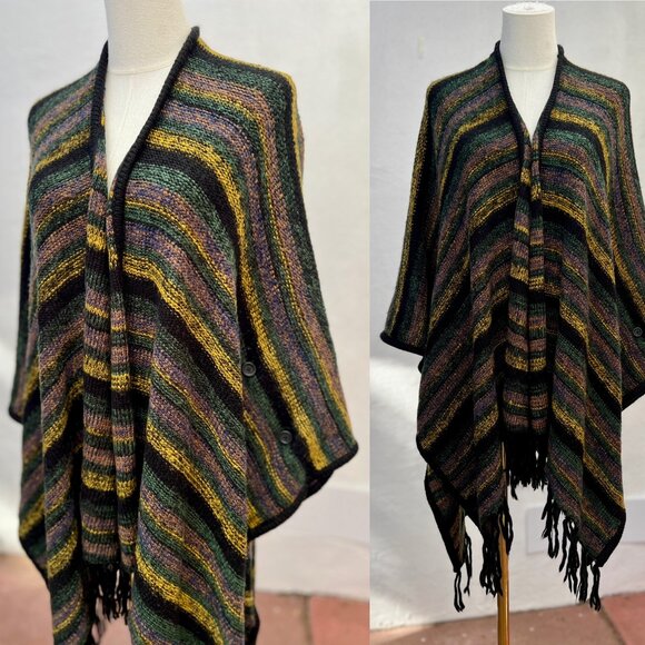 Kensie Striped Black Green Yellow Poncho Fringe Hem Blanket Shawl Button Details - Picture 2 of 13